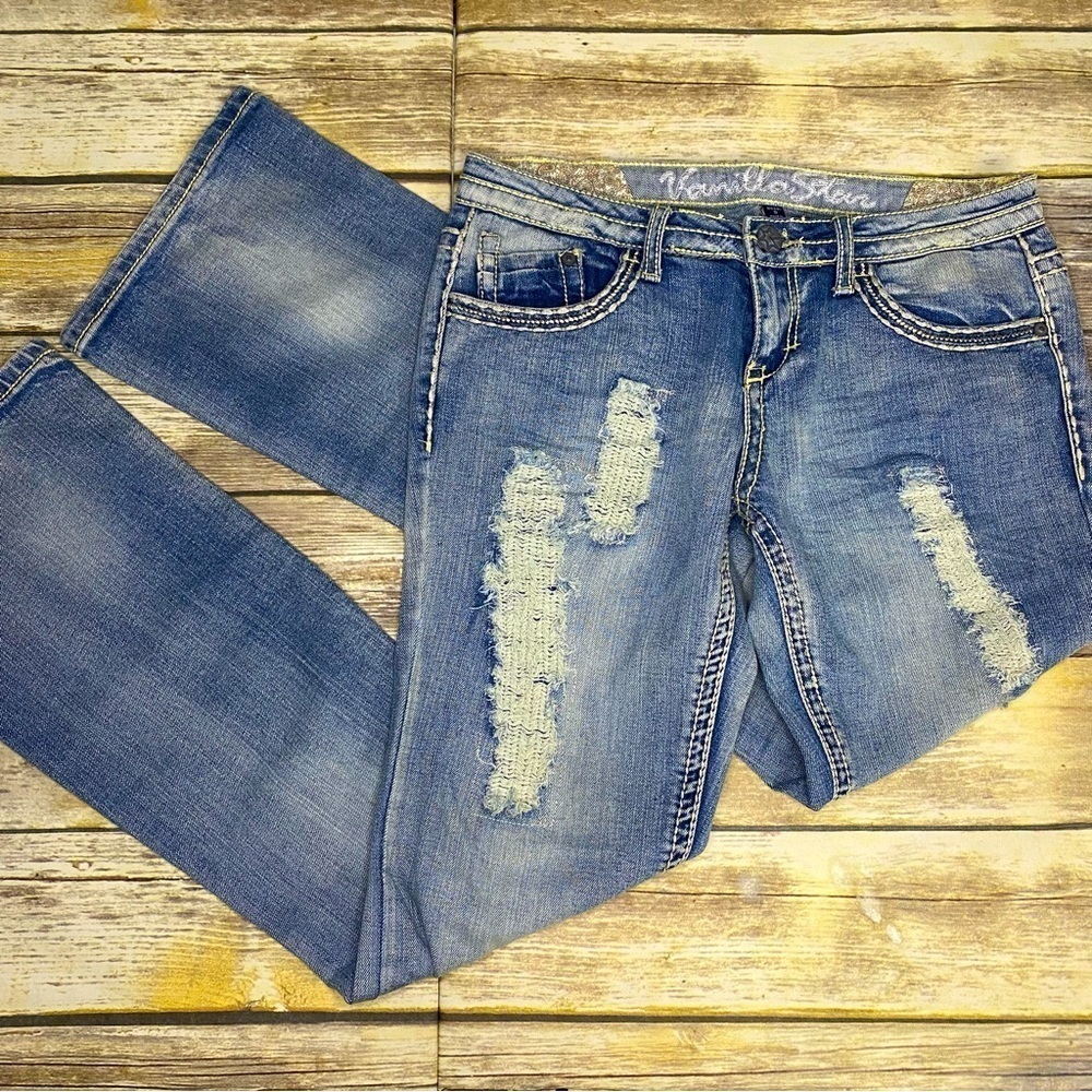 Vanilla Star Medium Wash Y2K Distressed Flare Jeans Juniors Size 9